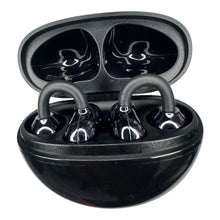 Three black wireless earbuds in their open charging case, shown on a plain white background.