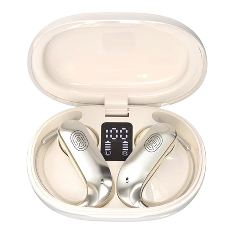 A pair of wireless in-ear earbuds in a glossy cream-colored charging case, shown open against a white background. The earbuds have a metallic silver finish with a fingerprint icon printed on them, and the case features a small digital display showing battery levels.