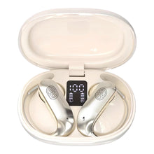 A pair of wireless in-ear earbuds in a glossy cream-colored charging case, shown open against a white background. The earbuds have a metallic silver finish with a fingerprint icon printed on them, and the case features a small digital display showing battery levels.