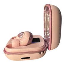 A pair of wireless earbuds in a matching pink charging case, shown open on a plain white background.