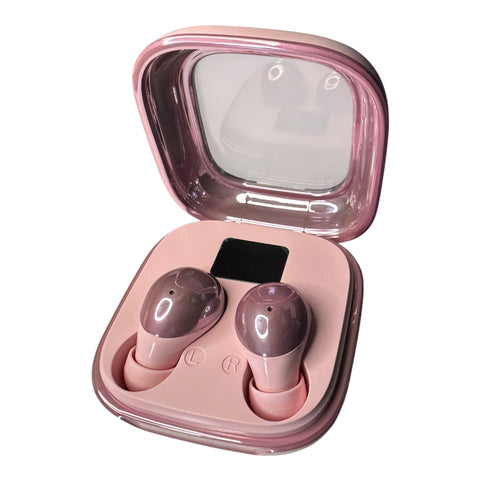 A pair of glossy pink wireless earbuds resting inside an open matching pink charging case with a transparent lid, shown on a plain white background.