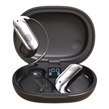 A pair of wireless in-ear earbuds with a thin neckband wire, shown inside an open black charging case with a digital battery display showing 100% on a white background.
